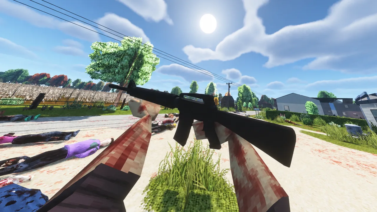 First-person view holding a rifle on a sunny rural road, corpses on the ground
