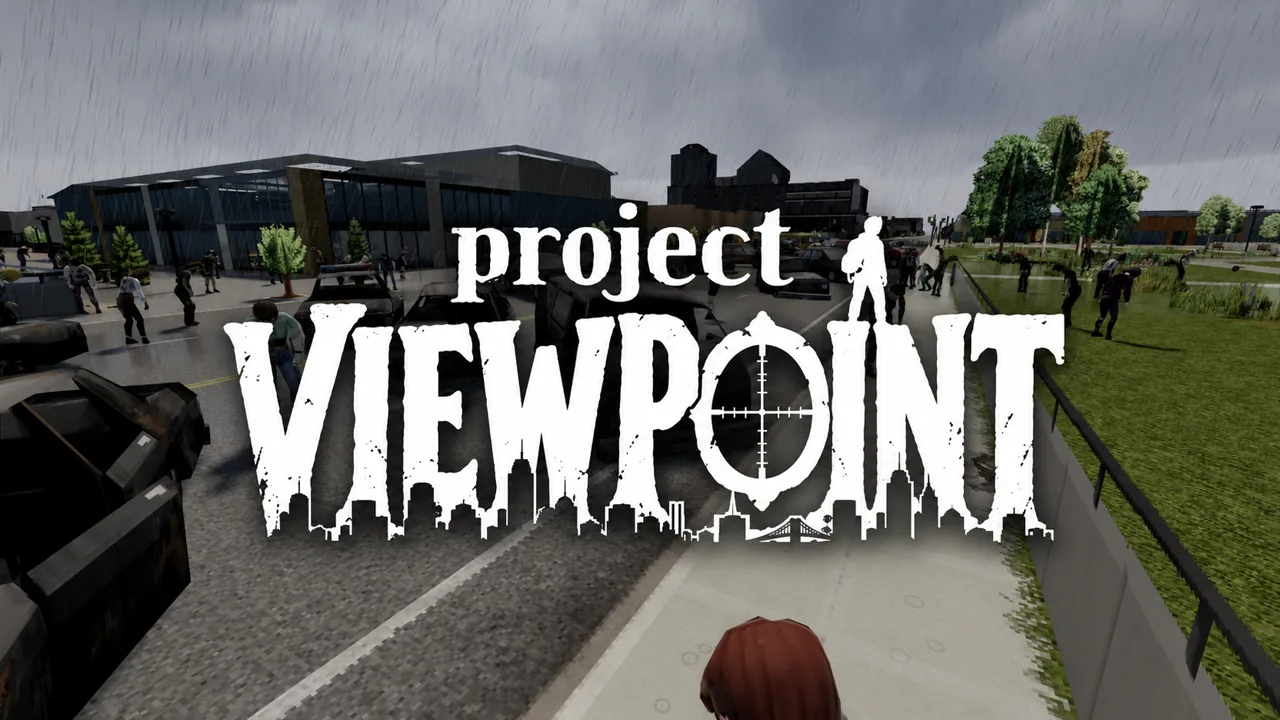 Third-person rainy street with zombies; Project Viewpoint logo overlaid on the scene